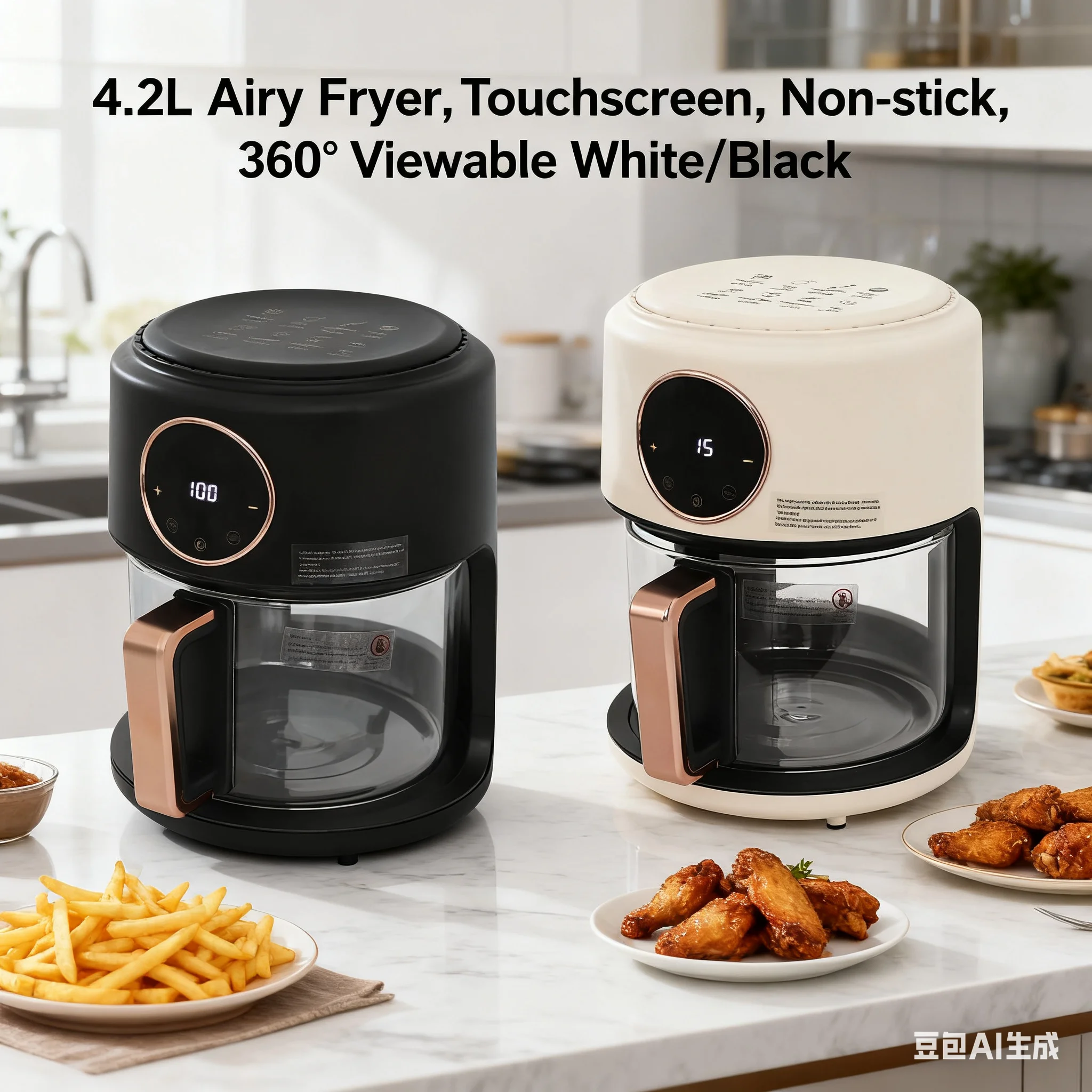 Penggorengan Udara 4.2L/3.81Qt, Panci Kaca Aman 110V 1200W, 360 °   Panci Kaca Transparan, Layar Sentuh, Anti Lengket, Putih/Hitam ﻿