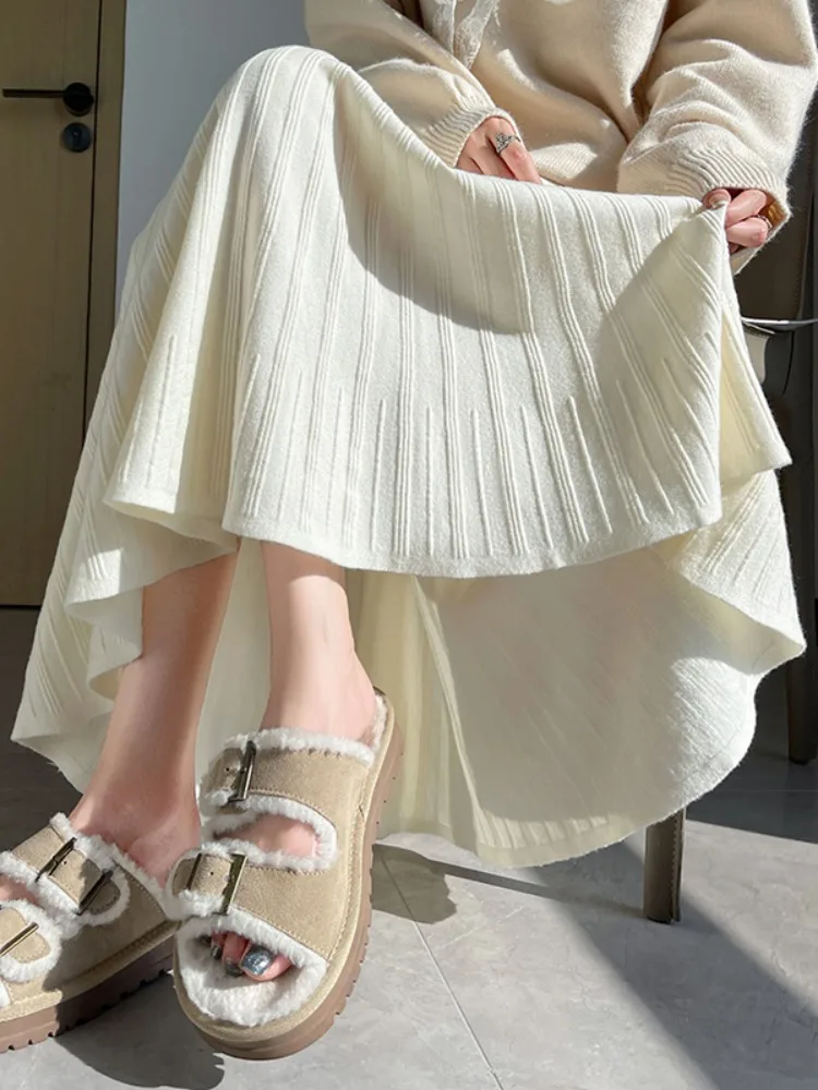 Gonna elegante lavorata a maglia a righe viola a vita alta dimagrante gonna da donna di media lunghezza a trapezio in lana casual da donna