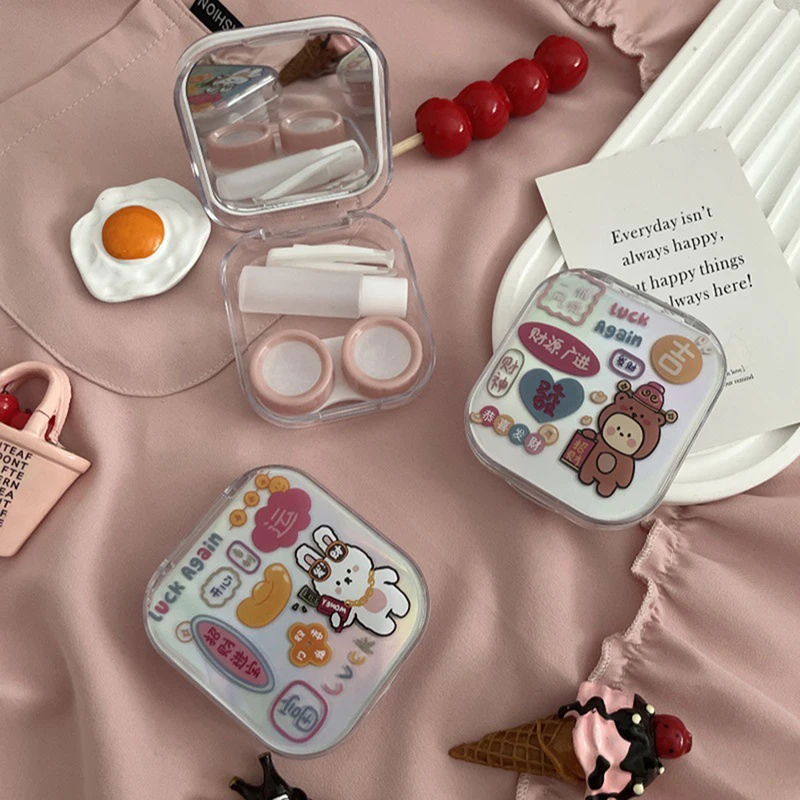 Cute Cartoon Contact Lenses Case, Beauty Pupil Care Box, portátil simples Contact Lens Box, Kit de viagem para a menina Presentes