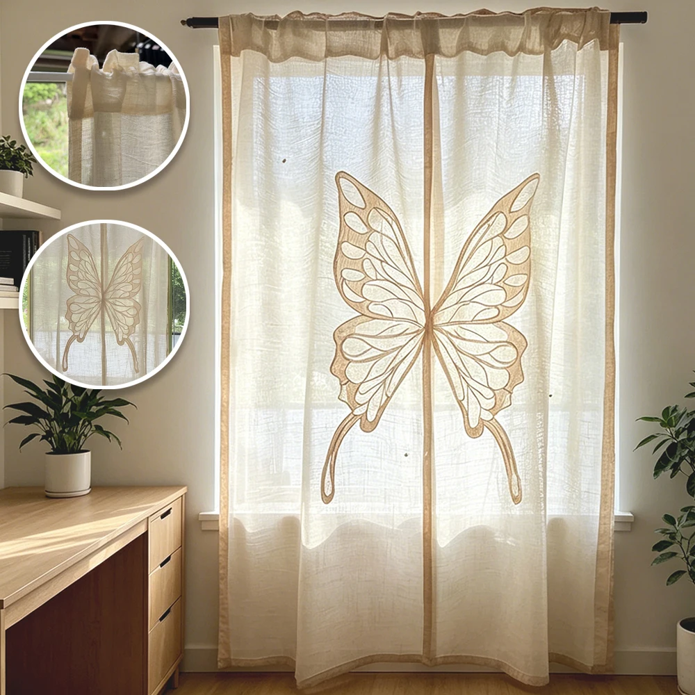 

Retro Short Curtain Cotton Linen Hollow Embroidery Butterfly Solid Color Semi-Hanging Blackout Kitchen Partition Shade for Home