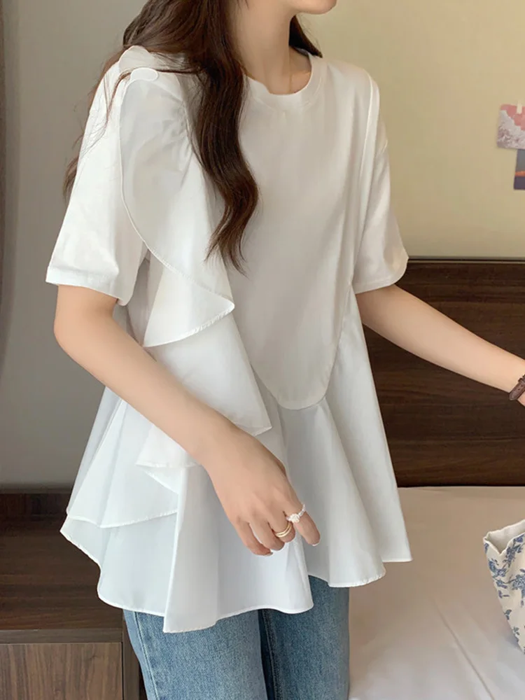 ZANZEA Elegant Short Sleeve Blouses Spliced Ruffles Flounce Hem Solid Casual Blusas Mujer O Neck Korean Fashion Women Party Tops