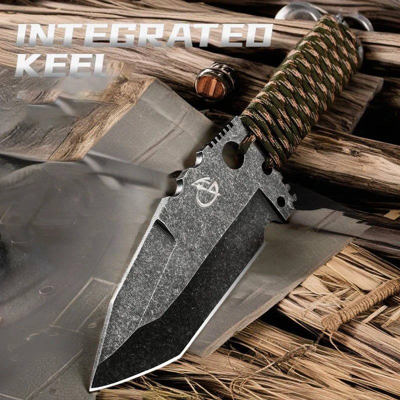 Outdoor high hardness survival knife, wilderness travel camping straight knife, thickened integrated steel survival knife