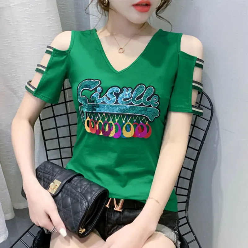 

Elegant Fashion Harajuku Slim Fit Female Clothes Loose Casual Sweat All Match Tops Women Patchwork V Neck Short Sleeve Tshirts