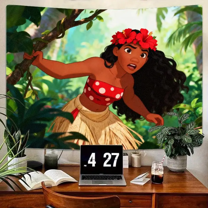 

1PC Disney Moana Tapestry, Tropical Jungle Wall Art with Red Hibiscus Crown & Polka Dot Top, Polyester Decor for Living Room Bed