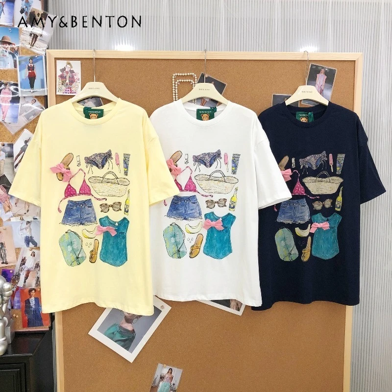 

Japanese Cute Casual Funny Cartoon Beaded Print Loose Cotton Shoulder Pad Short Sleeves T-shirts Age Reducing Daily Cotton Top