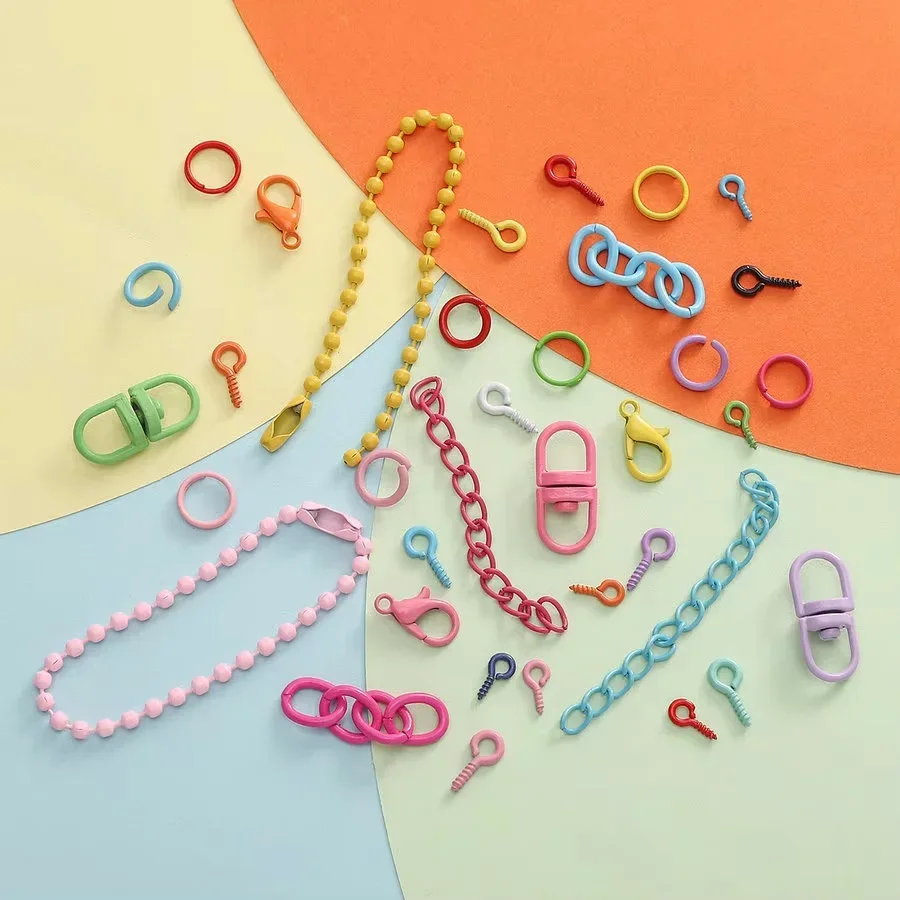 Ensemble d'accessoires de bijoux colorés, porte-clés en perles, anneaux de saut ouverts, crochet de fermoir à homard, petites épingles à œil à vis pour la fabrication de bijoux à faire soi-même