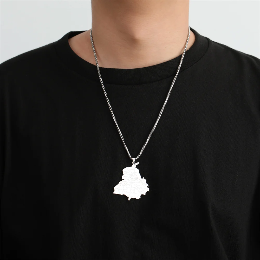 EUEAVAN India Punjab State Map Pendant Necklace for Man Stainless Steel Box Chain Geography Country Necklaces Ethnic Jewelry