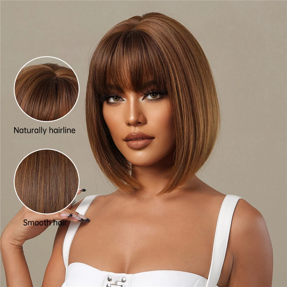 Brown Bob Wig with Bangs Synthetic Short Straight Cosplay Wigs for Black Women Natural Party Daily Use Fake Hair Heat Resistant