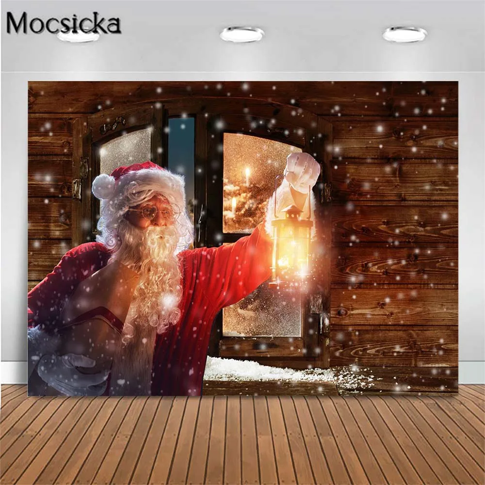 

Mocsicka Santa Claus Lantern Christmas Photography Backdrops Snow Wood Window Family Portrait Photo Background Studio Photoshoot