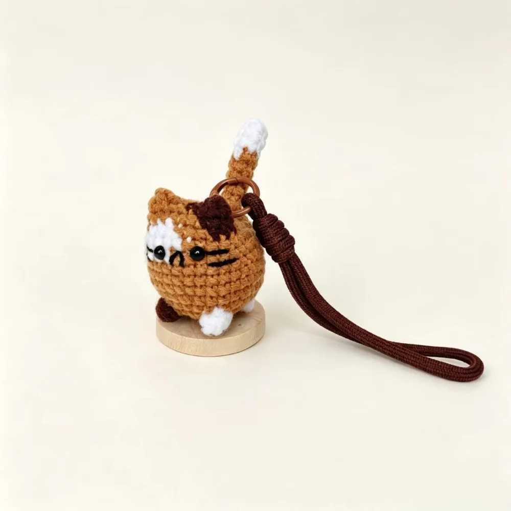 Handwoven Hand Crochet Cat Keychain Soft Cute Animal Knitted Kitten Keyring Braided Strap Multi Color Cat Wrist Carry Charm