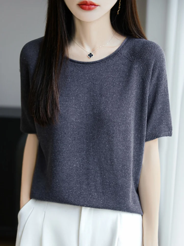 

Ice Silk Linen Knitted ort Sve T-irt Women's Summer Thin Breathable Loose Slimming f Sve Base Small irt Top