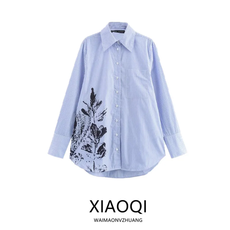 

Winter New Women's Casual Sle Collar Floral Print Striped irt Loose Fit Long Sve Regular Length Faion Versatile