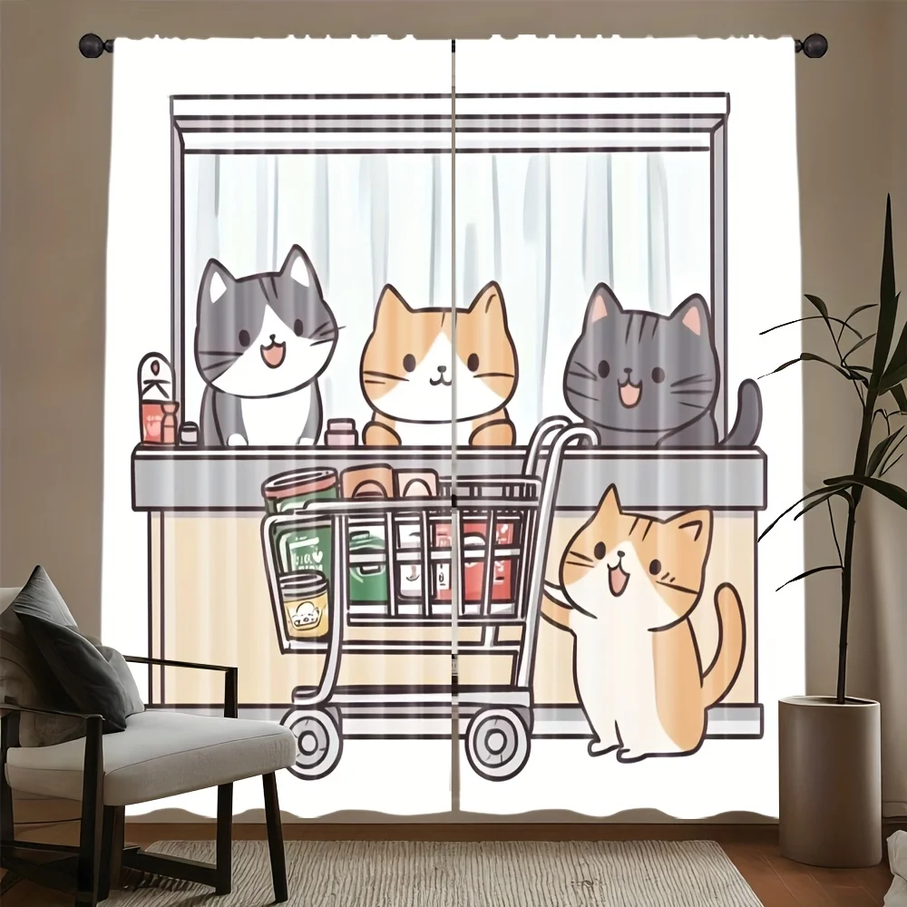 Cute Cat Curtain, Cartoon Kitten Shopping Cart Window Drape, Funny Animal Kids Room Decor Pet Lover Home Textile Fabric Blackout