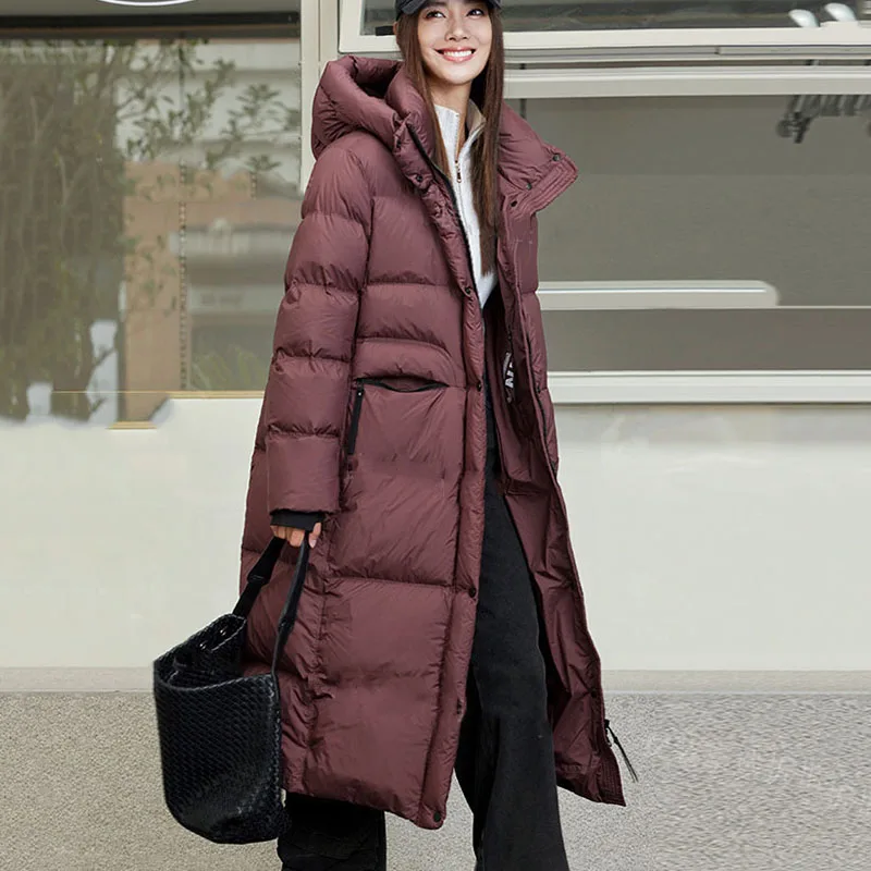 2025 جديد عالي الجودة سميكة بطة بيضاء أسفل فضفاضة المرأة أسفل سترة شتاء دافئ مقنعين طويلة الأكمام المرأة أسفل سترة