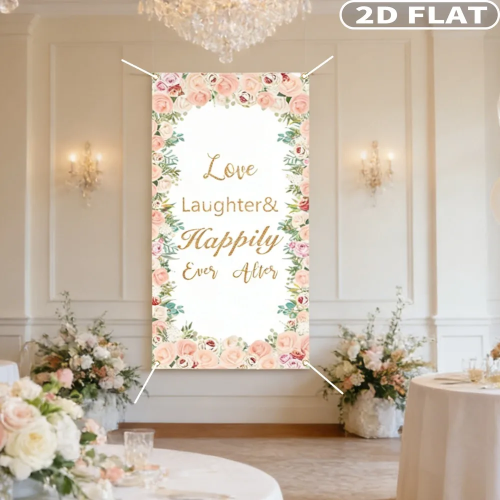 2D FLAT 1pc Love Laughter Wedding Door Cover Tapestries with 90x180cm/35.43x70.87 Inch, Polyester Happily Ever Floral Bridal