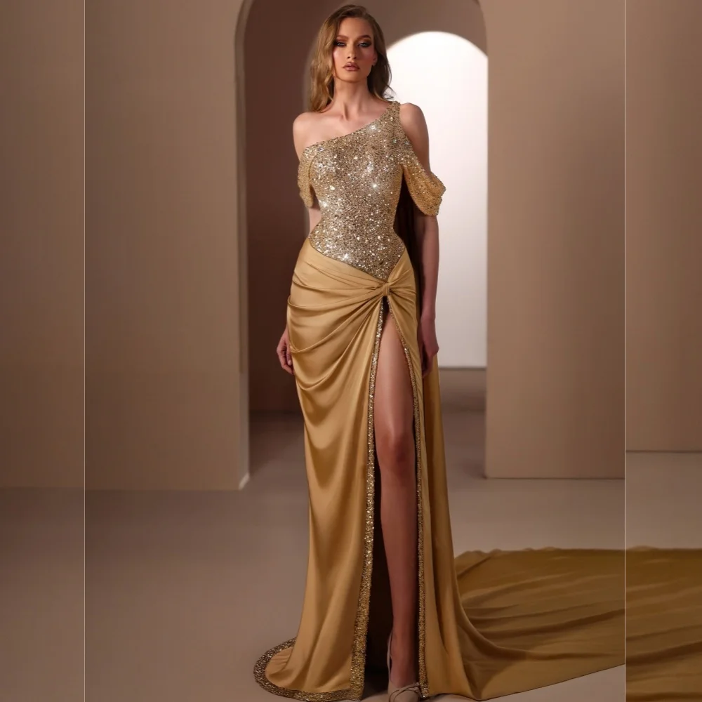 

Customized Exquisite Simple Charmeuse Sequined Pleat Trumpet Off-the-shoulder Long Dresses Bespoke Occasion Sparkle