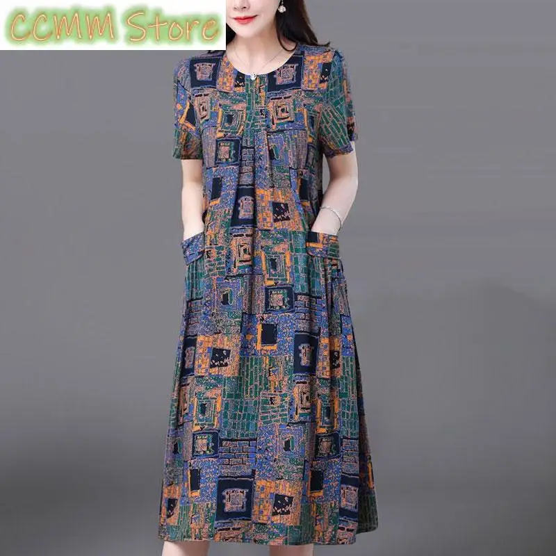 

Commute Vintage Printed Dresses Summer Short Sleeve Women's Clothing Casual Round Neck Fashion Pockets Patchwork Midi Dress