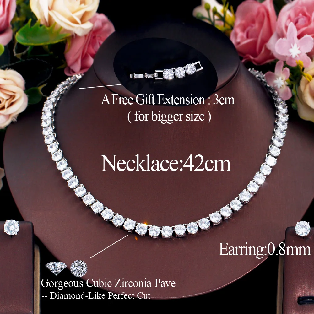 CWWZircons Atemberaubendes Großkarat-Rund-CZ-Tennis-Halsketten- und Ohrring-Set Luxuriöses Brautschmuck-Set für Hochzeit und Abendveranstaltungen Großhandel T0511 – Detail 1