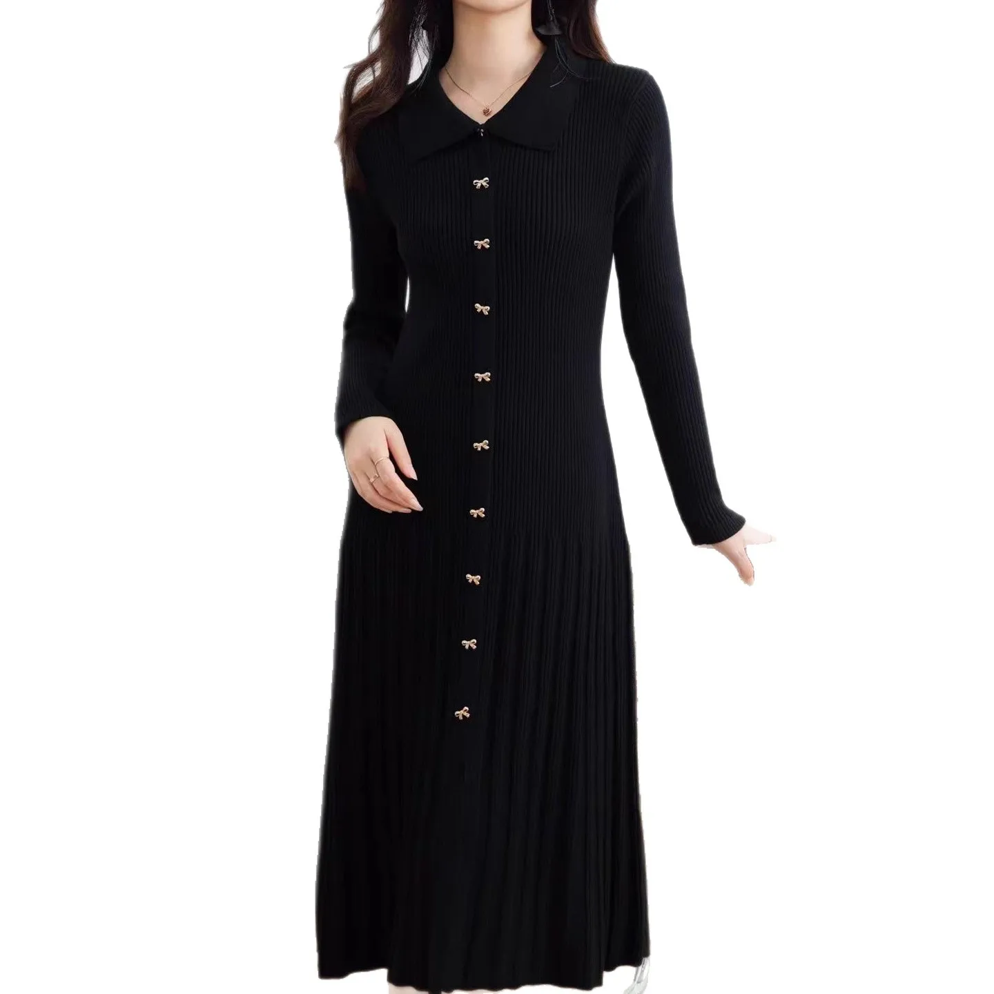 Women Kintted Dresses Work Dress Long Sleeve Polo Collar Single Breasted Mid Calf Elegant Loose Fit Casual 2025 Autumn Winter