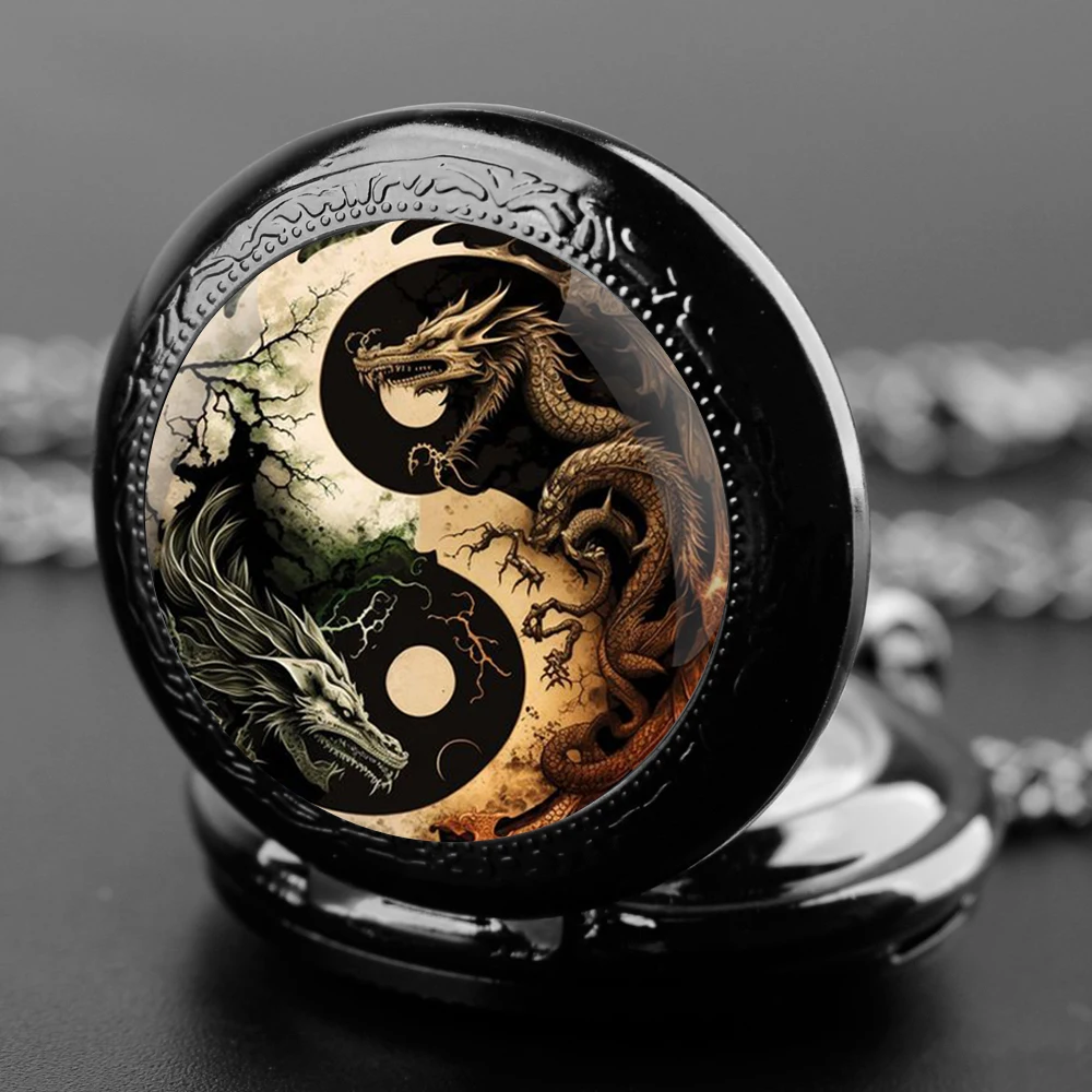 Creative Yin-Yang Dragon Design Pendant Quartz Pocket Watch Souvenir Chain Pocket Watch Arabic Numerals With Personality Gift