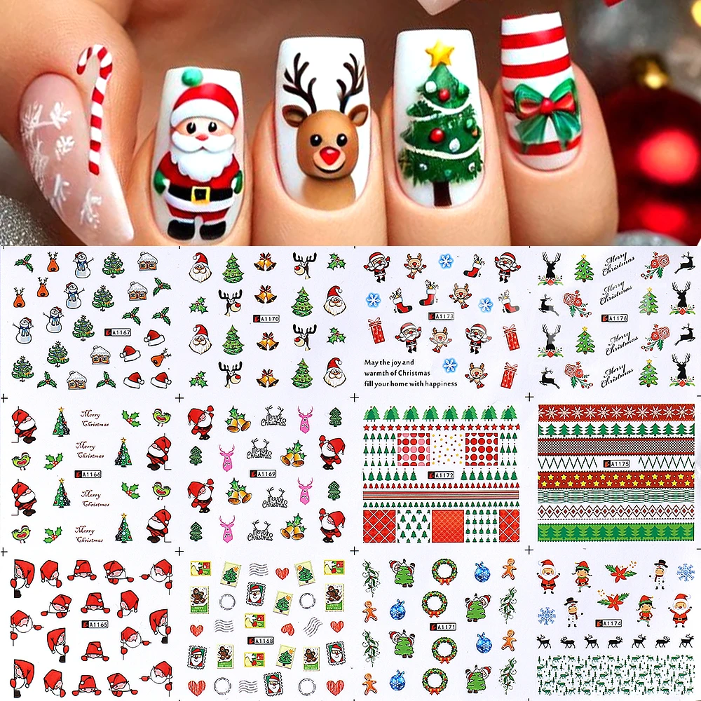 2장 - 24가지 디자인 겨울 크리스마스 네일 스티커 워터 트랜스퍼 데칼 엘크 산타 펭귄 눈송이 슬라이더 매니큐어 장식용