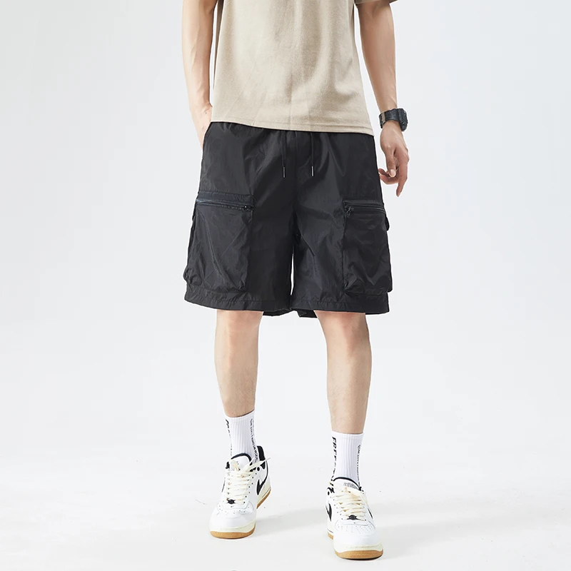 Casual 2024 Summer Multi Pocket Thin Solid Color Shorts Streetwear Men's Loose Knee-Length Pants Outdoor Sports Wide Leg Joggers