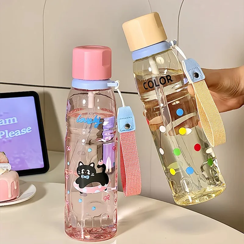 

Cute Cartoon Plastic Water Bottle With Straw Large Capacity Outdoor Sports Water Cups Portable Anti-drop School Drinking Bottles