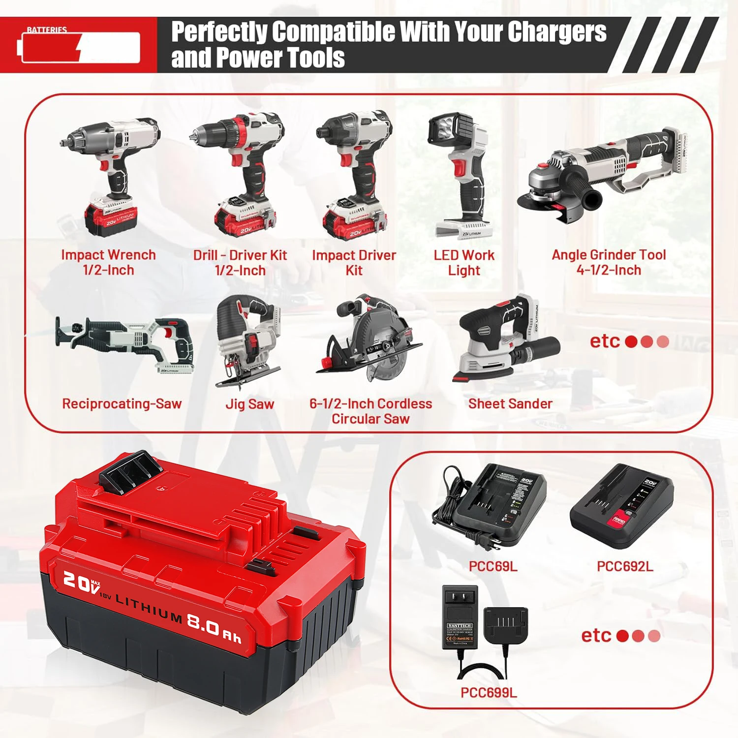 VANON 1/2/4 حزمة 20 فولت 8.0Ah بطارية ليثيوم أيون استبدال لكابل بورتر 20 فولت PCC685L PCC680L PCC682L أداة السلطة دبوس البطارية #3