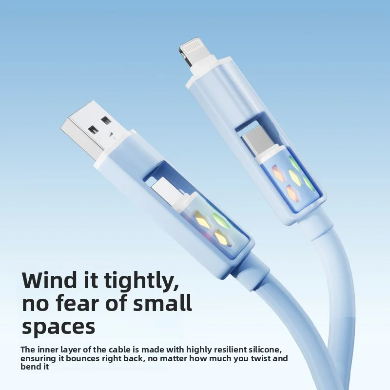 4-in-1 PD60W Super Fast Charging Cable RGB Breathing Light Type-C For iPhone7-16ProMax iPad Notebook Tablet Mobile Phone Samsung