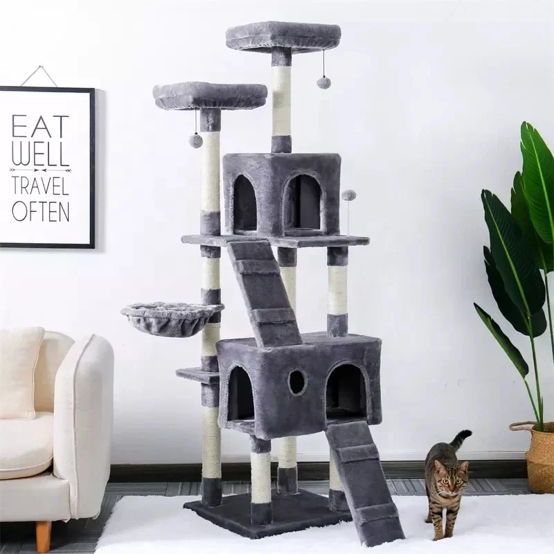Modern Large Cat Tree Cat Tower Double Apartment with Sisal Scraping Column