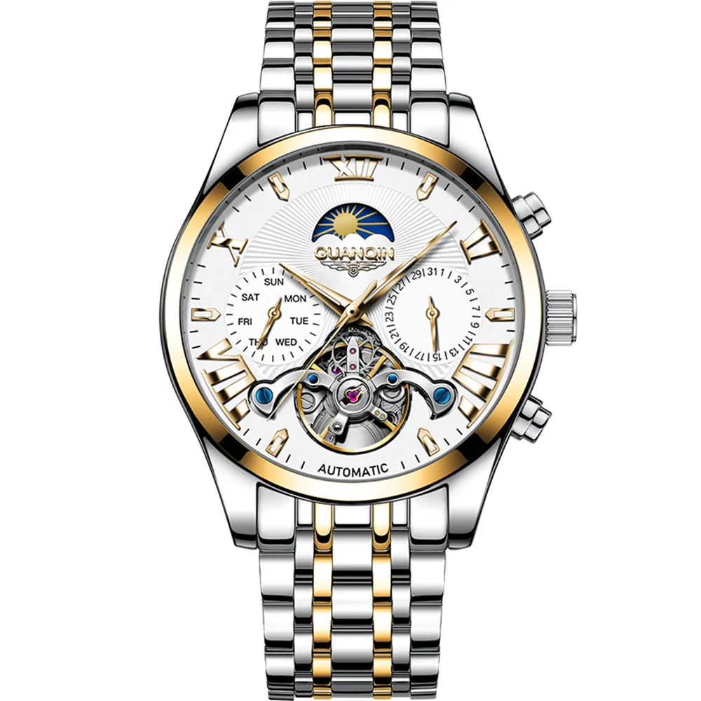 

GUANQIN Tourbillon Mechanical Moon Phase Men Wrist Watch Week Calendar Luxury Man Wristwatch Stainless Steel Waterproof Clock