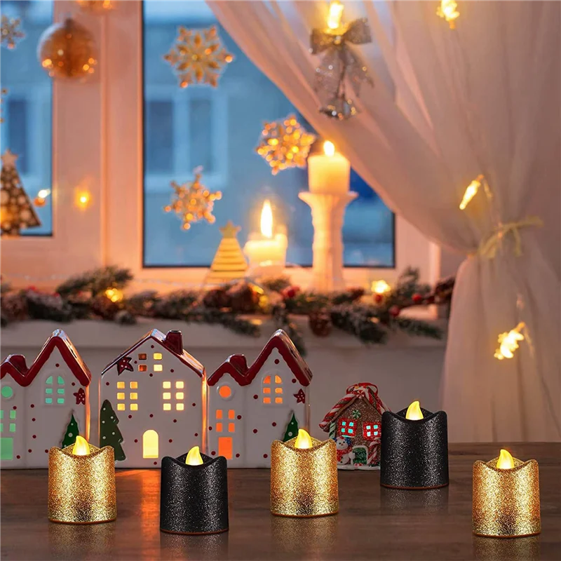 A11I 48 confezioni di candele votive senza fiamma dorate Tealight a LED glitter neri Luci da tè a batteria Supporto per luce gialla calda