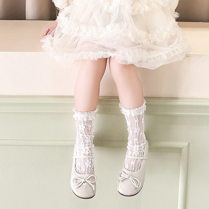 

Girls Lace Socks Mesh Breathable White Lolita Tube Socks Sweet Love Flower Pile Socks