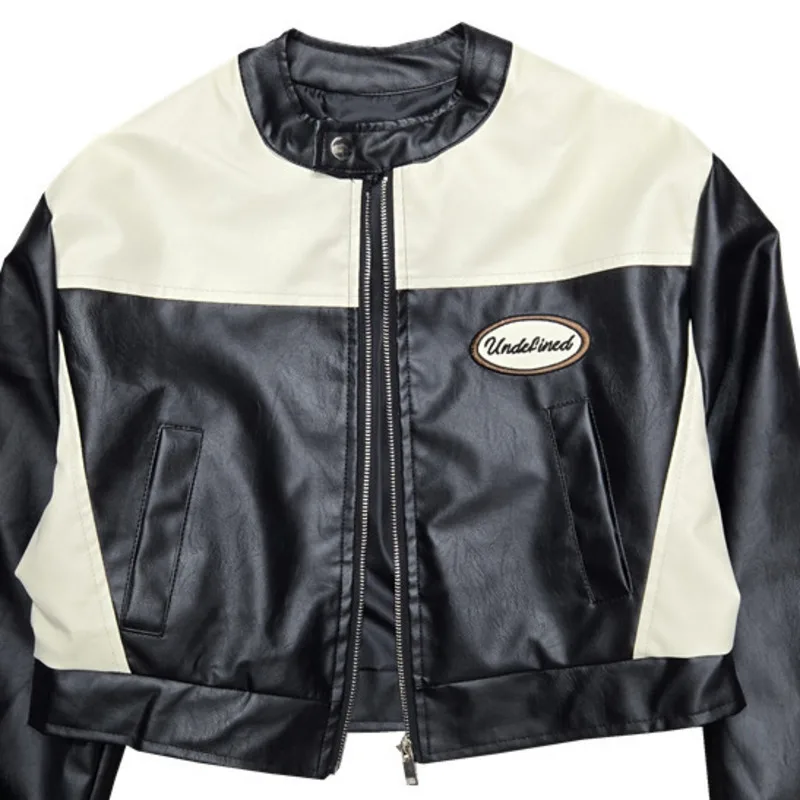 HKSH 봄 가을 신상 여성 PU 가죽 재킷 트렌드 스트리트웨어 배색 패치워크 모토 바이커 지퍼 야구 코트 HK12771