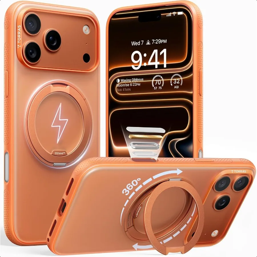 

Магнитная подставка TORRAS 360 для iPhone 17 Pro, чехол [подходит для MagSafe] [вращающаяся кольцевая подставка] [4X MilGrade, противоударный] Slim Pho