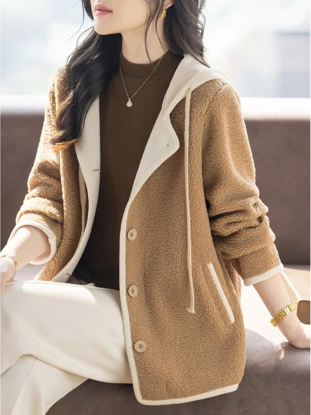 

Faionable Color Blo Particle Fce Jaet, женский топ больших размеров, осень-зима, с капюшоном из меха ягненка, повседневный свободный крой, длинный све