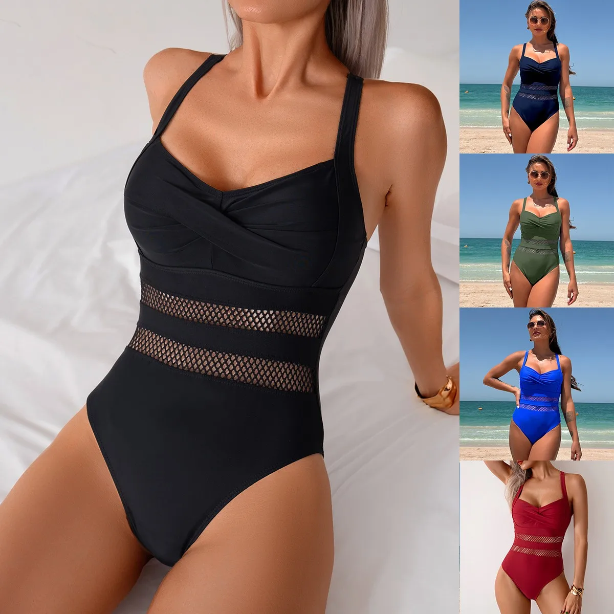 

Swimwear Woman Black Tankini Crisscross Back Tankini Top Ruched Bust Thin Straps Tankini Set Olive Green High Cut Leg Swim