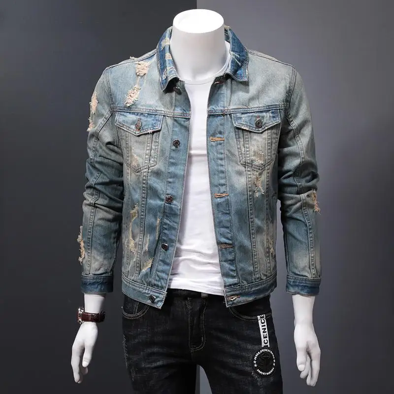 

Рваное ковбойское пальто для мужчин, облегающие ковбойские куртки в японском стиле ретро Y2k, новинка в роскошном стиле, свободные высококачественные потертые джинсовые куртки для мужчин с дыркой