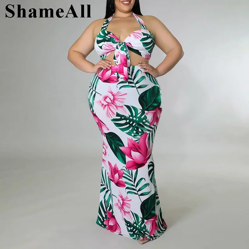 Plus Size Floral Print Dress 2 Dwuczęściowe Dopasowane Sukienki Zestawy 4XL Letnie Halter Bow Tie Crop Top Długa Spódnica Maxi Bodycon Stroje