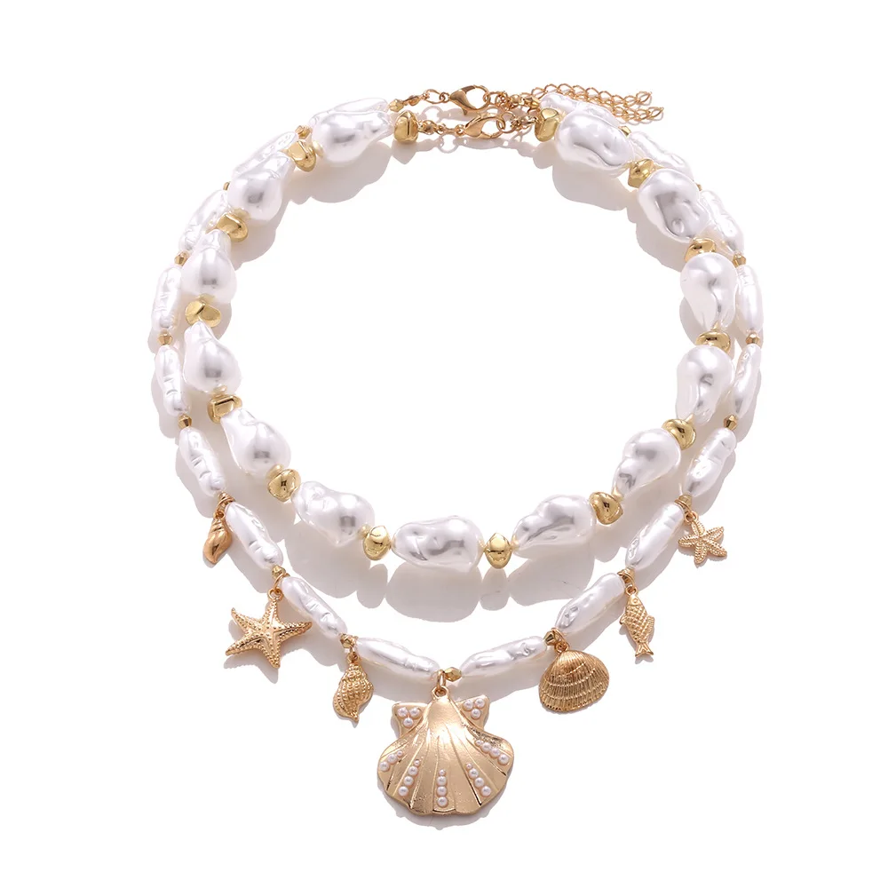 

ZAA Trend Women Jewelry Luxury Baroque Pearl Beaded Metal Starfish Conch Pendant Choker Necklace Charm Holiday Party Accessories