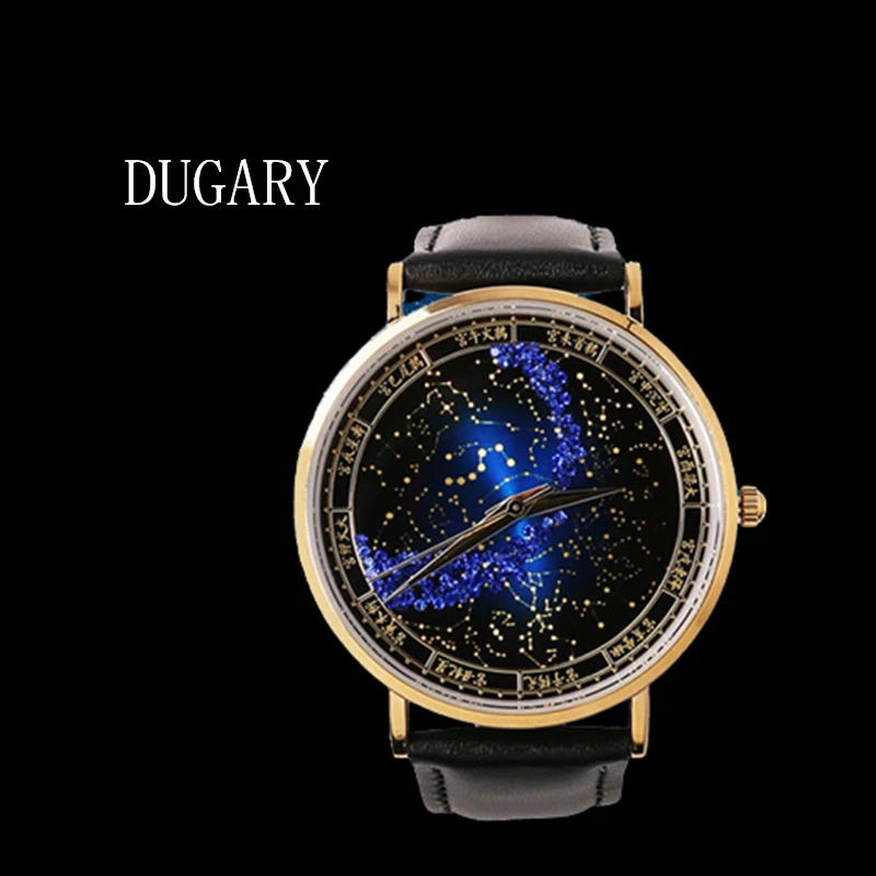 DUGARY 40mm China Forbidden City Culture Quartz Watch arctic starry sky Men Fashion Wristwatch Leather strap Inlaid crystal