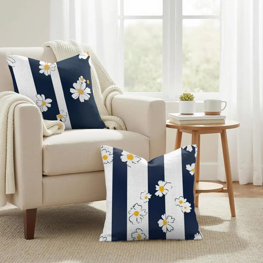 Clear Striped Daisy Cushion Cover Double-Sided Printed Organic Linen Pillow Cover, Decorative for Sofa Home