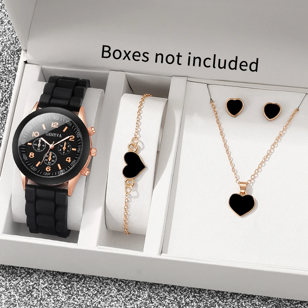 Women's Watch+Heart Pendant Bracelet, Necklace, Earring Combination Set, Women's Fashion Accessories Watch