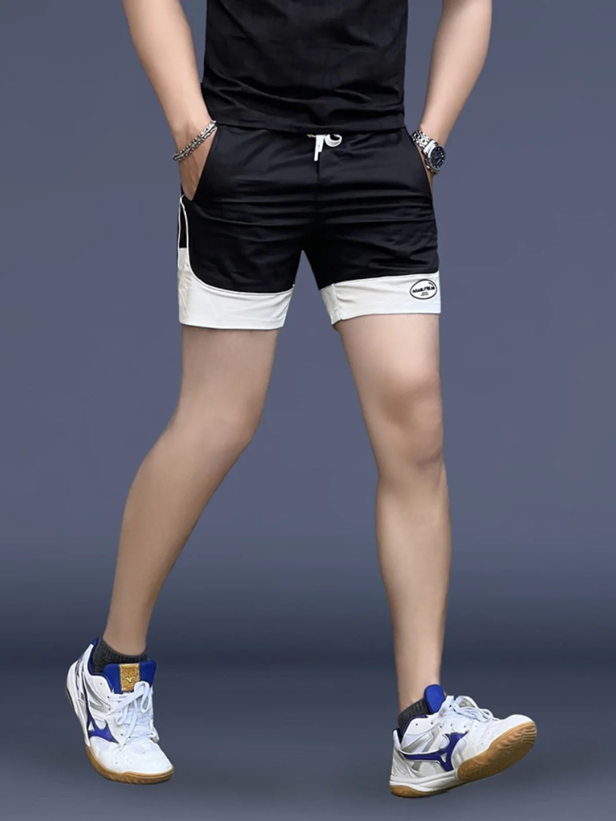 

Летние тонкие шорты из ледяного шелка с завязками, мужские модные спортивные шорты в стиле кэжуал, облегающие, длиной три четверти, с лоскутным узором