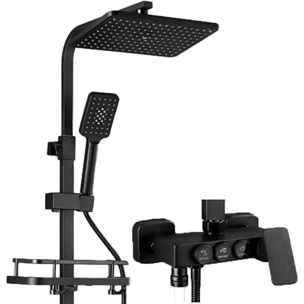 

Exposed Shower System 3 Functions Bathroom Rainfall Shower Head with Handheld Spout Wall Mount Square Outdoor Matte Black Rain S