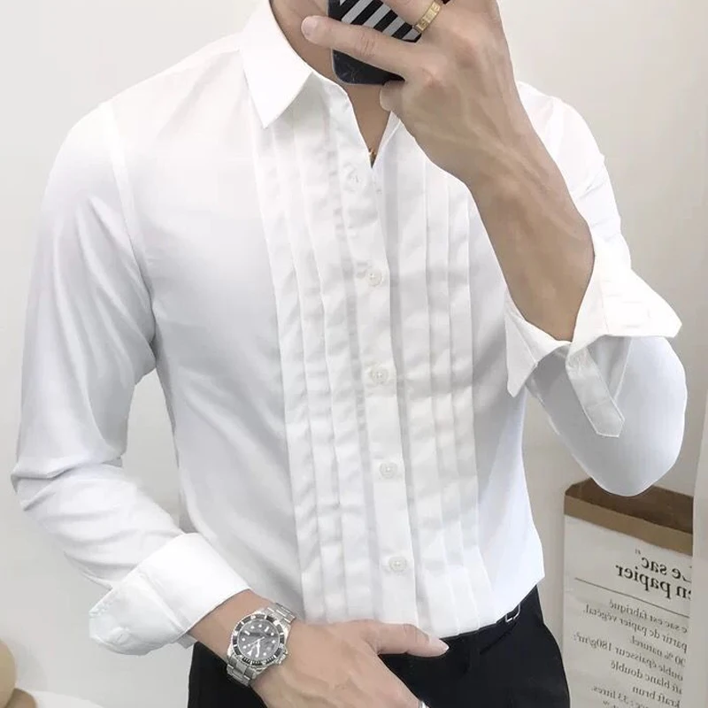 Spring Autumn Solid Color Fashion Long Sleeve Shirt Man High Street Button England Pleated Office All-match Cardigan JJ1299