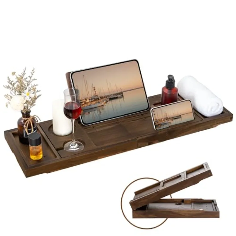 

Teak Bathtub Tray - Luxury Bath Tray with Expandable Handles Wine Glass and Phone Holders Book Stand - Perfect for Home Spa Rel