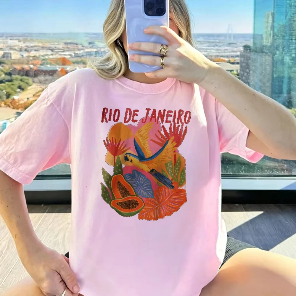 Women Rio De Janeiro Parrot Papaya Tropical Leaf Print T Shirt Heather Cotton Tee Brazil Travel Vacation Casual Daily Summer Top