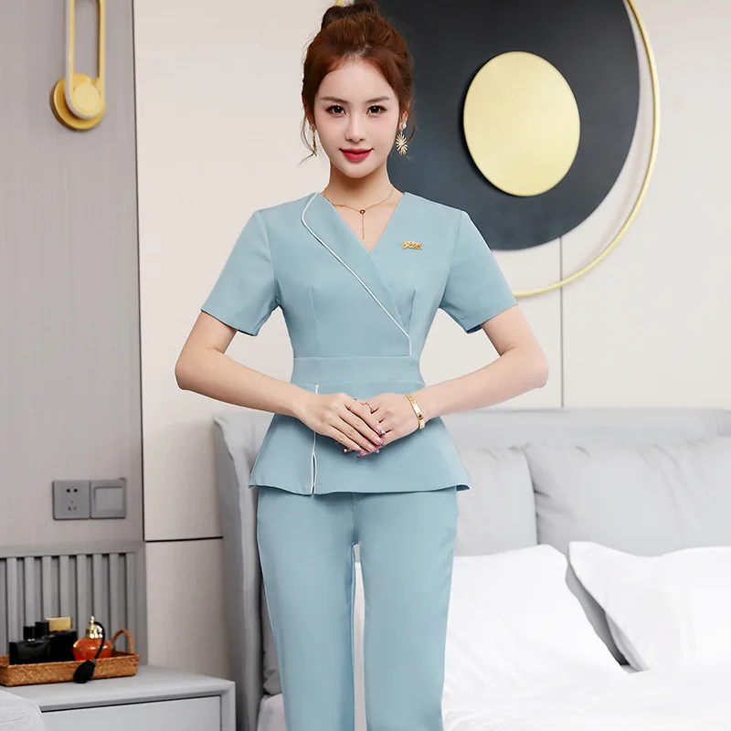 Beauty Salon Beautician Uniform Spa Masseuse Clothing Female Nail Technician Hotel Front Desk Work Clothes Top Plus Pants Set-BC