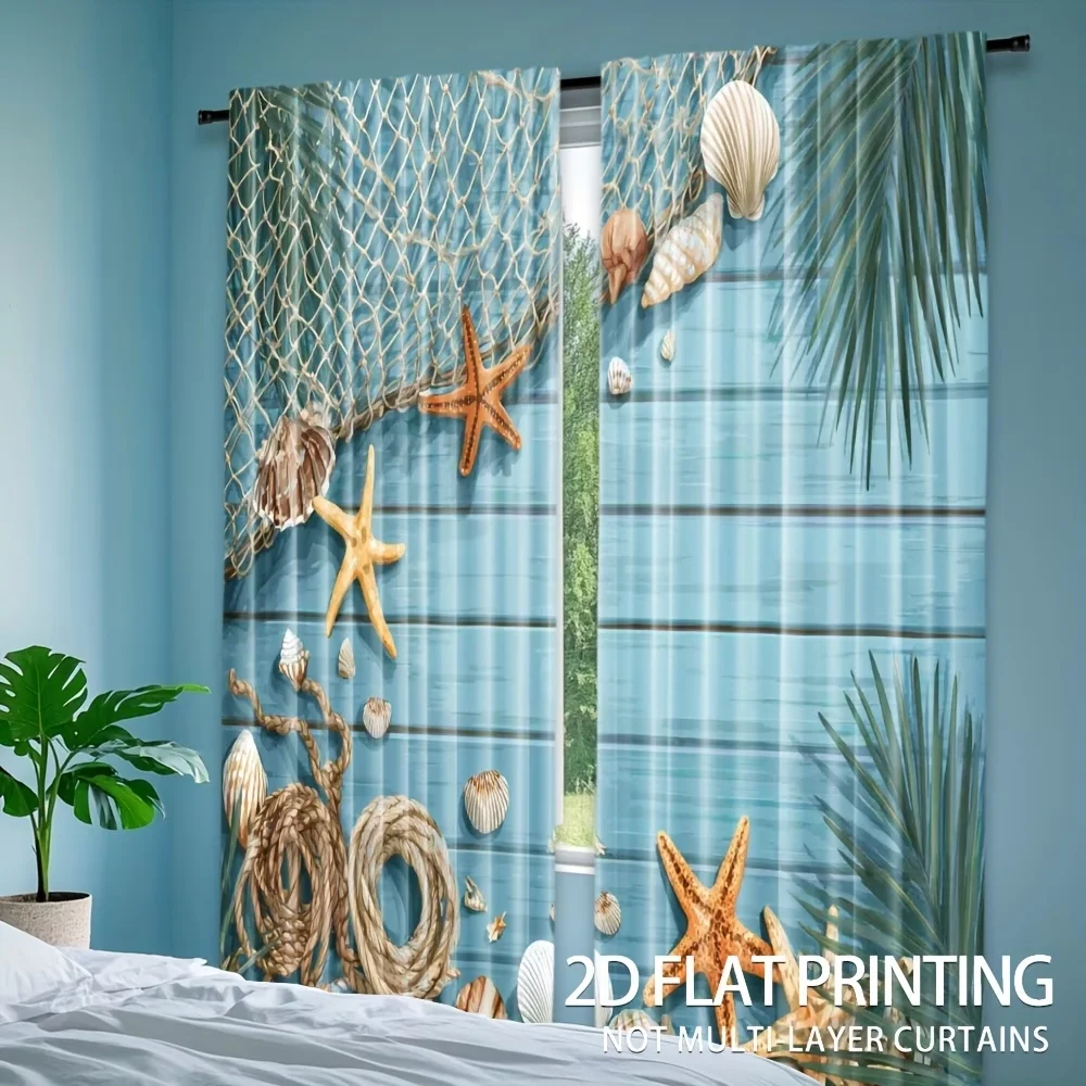 2PCS Digital Printed Curtains, Net Bag Shells Beach Nautical Collection, Window Curtains for Living Room Bedroom Home Decoration